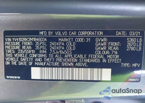 2021 Volvo Xc60 T5 Momentum z USA, uszkodzony, nr VIN YV4102RK2M1846034